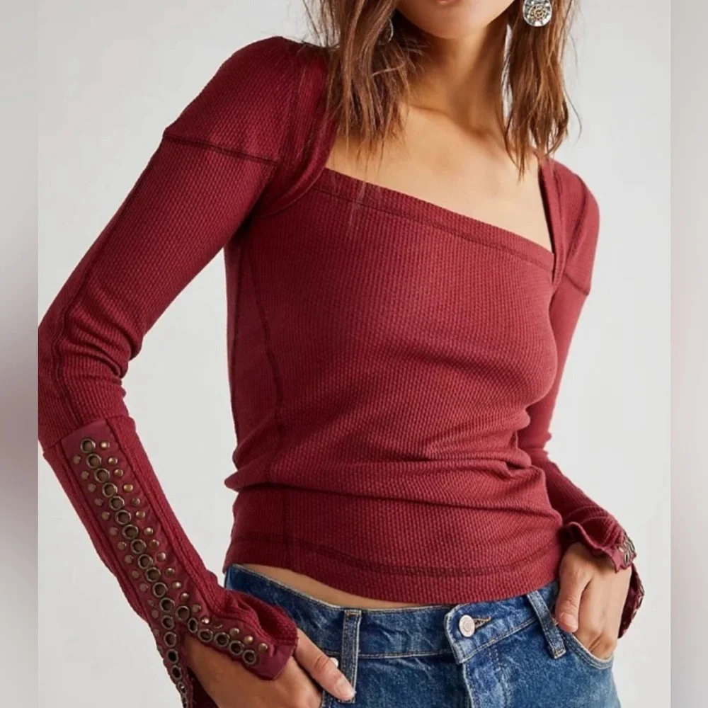 FREE PEOPLE A Little Unruly Top - Size XS - Red Jasper Long Sleeve Boho - NWT